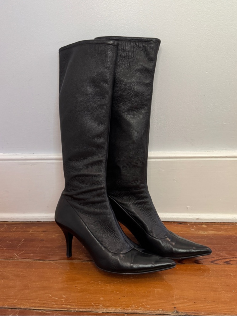 Si Rossi by Sergio Rossi Knee-High Pointed Toe Sock Boot Heel Black Leather 9